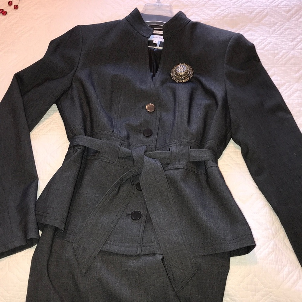 Calvin Klein Button & Tie Front Skirt Suit